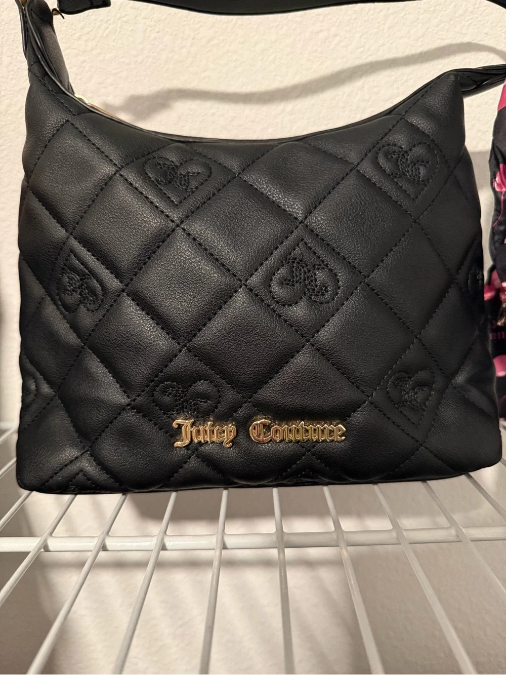 Juicy Couture Black Quilted Shoulder Bag with Pink Scarf Accent